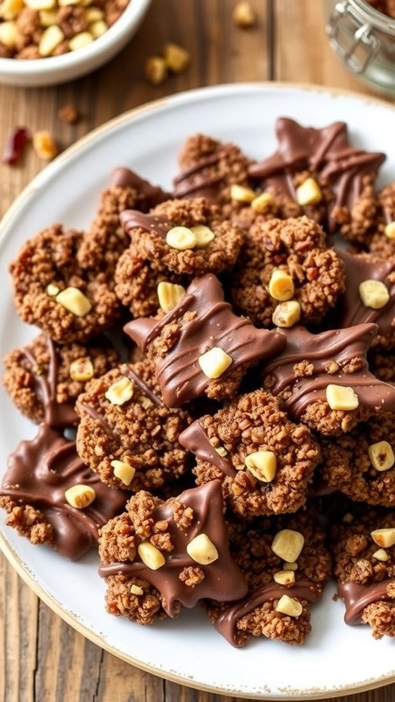 A plate of quinoa chocolate crisps, garnished with nuts and dried fruits, on a rustic wooden table.